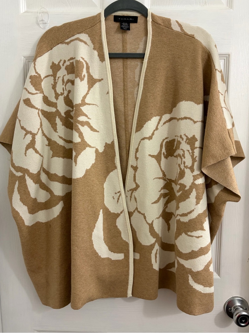 Tahari Cream & Brown Floral Knit Open Cape Cardigan. One size plus. $15